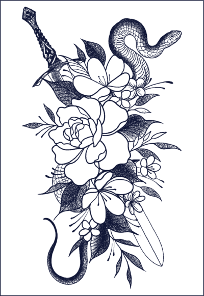 Herbal Tattoo Stickers | Serpent and Blade Bloom- GZ-068