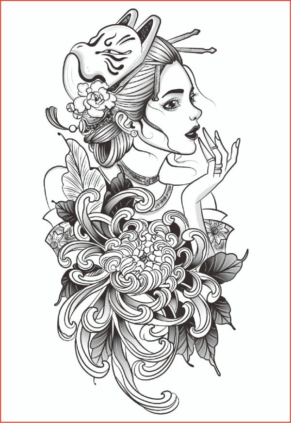 Herbal Tattoo Stickers | Mystic Geisha with Kitsune Mask - WM-G54
