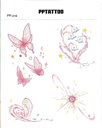 Waterless Temporary Tattoos | DreamWhirl – Pink Butterflies & Sparkle Heart Tattoo Set (PP-016)