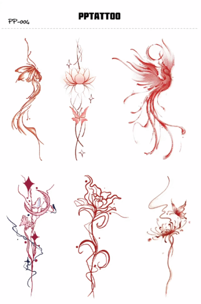 Herbal Waterless Temporary Tattoos | Flame Blossom – Abstract Floral & Phoenix Tattoo Set (PP-004)