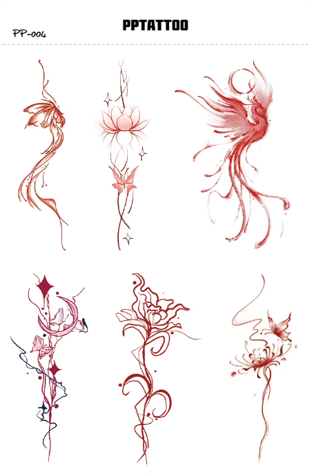 Herbal Waterless Temporary Tattoos | Flame Blossom – Abstract Floral & Phoenix Tattoo Set (PP-004)