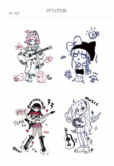 Waterless Temporary Tattoos | Sound Sketch – Indie Girl Music Tattoo Set (PP-027)