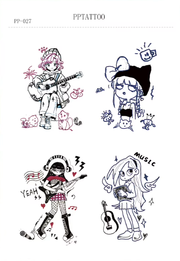 Waterless Temporary Tattoos | Sound Sketch – Indie Girl Music Tattoo Set (PP-027)
